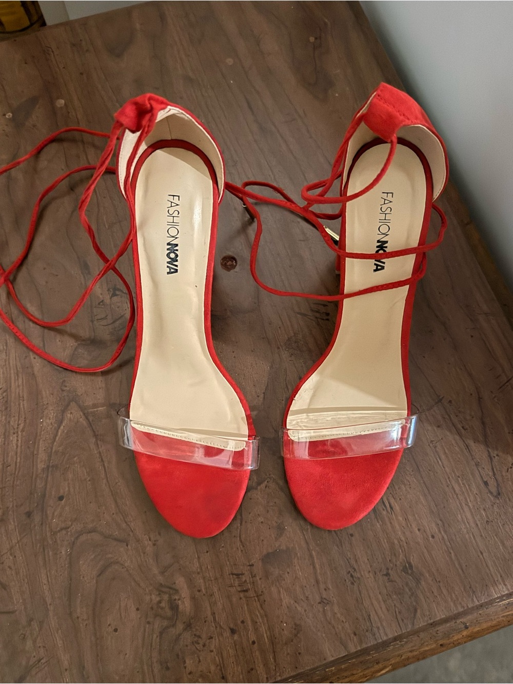 Fashion Nova Red Lace-Up Clear Strap Heels